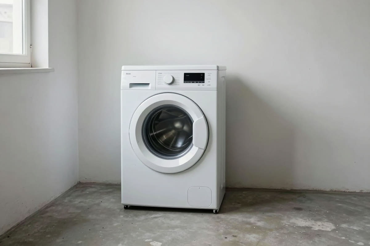 Eine ältere weiße Frontlader-Waschmaschine steht allein auf einem Betonboden in einem hellen Kellerraum