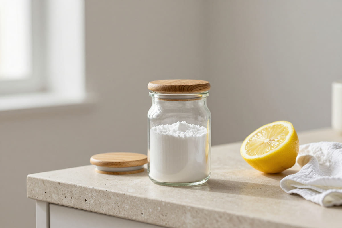 Ein Glas mit weißem Zitronensäurepulver neben einer halbierten Zitrone auf einer hellen Arbeitsplatte