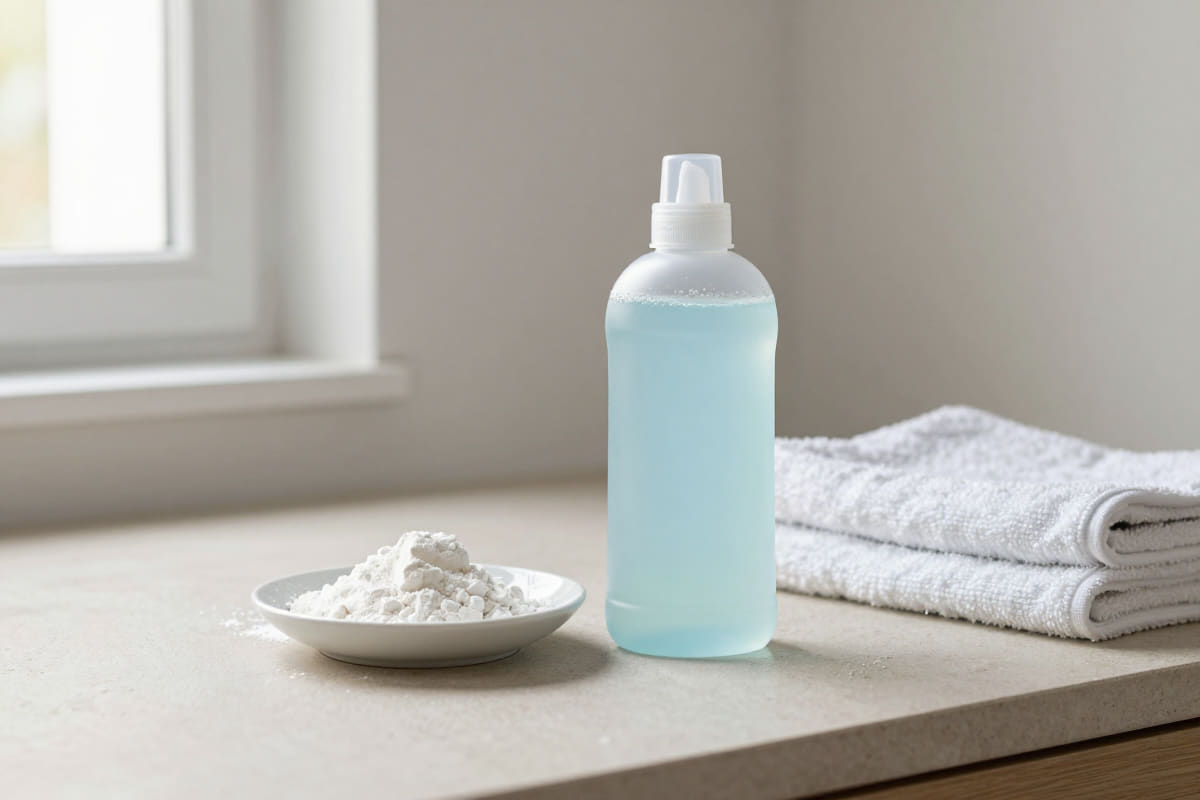 Eine unbeschriftete Flasche Flüssigwaschmittel neben einer Schale Waschpulver und gefalteten weißen Handtüchern